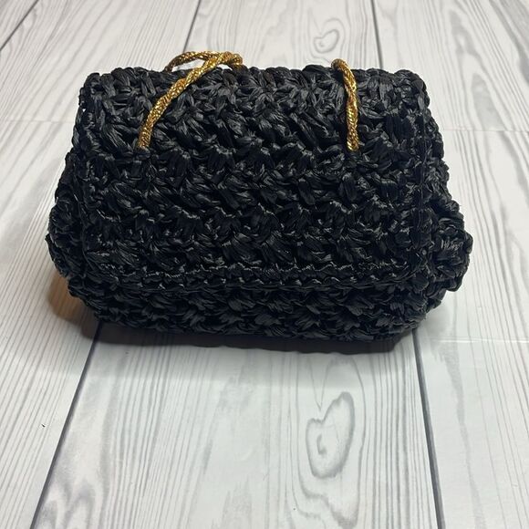 60s Vintage Bloomingdales black raffia purse evening handbag with gold straps - Picture 2 of 9